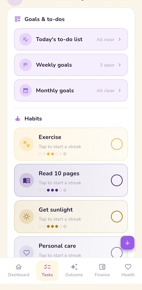 Prakriyā productivity section with goals and habits